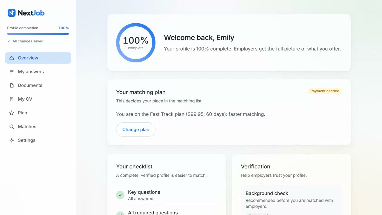 The NextJob dashboard
